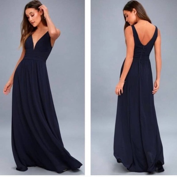 Lulus Ruched A-Line Chiffon Maxi Dress Pleated Navy Blue Gown Event - Picture 2 of 6